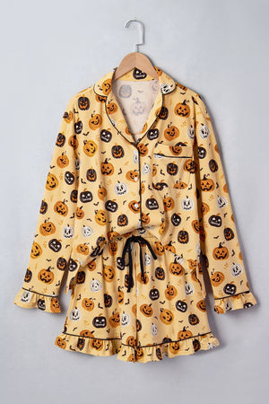 Gold pajama set with hip-length and button-front
