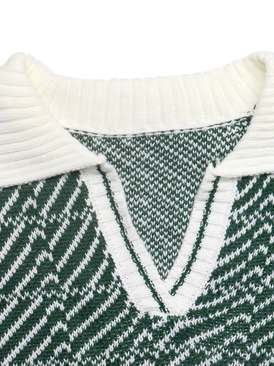 Geometric Patterned Collared Sweater in Green, view 11