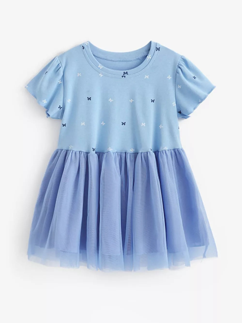 Baby girls cerulean blue cotton dress with butterfly print and tulle skirt