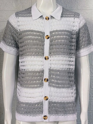 Striped crochet polo shirt in gray and white with button front and short sleeves.