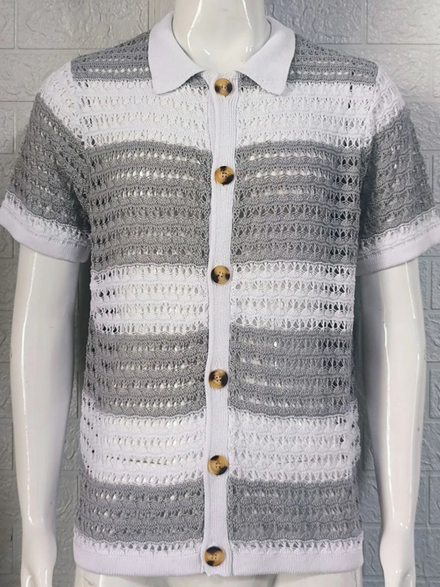 Striped crochet polo shirt in gray and white with button front and short sleeves.