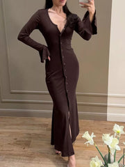 bodycon dress in dark brown featuring buttoned and fitted fit