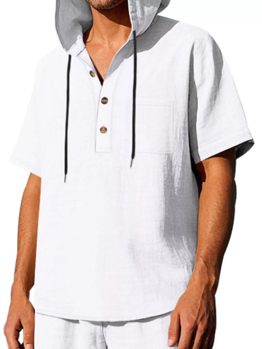 White linen short sleeve hooded shirt with button placket and chest pocket