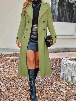 trench coat in camel with double-breasted and below-knee