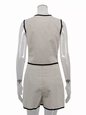 Cream linen blend sleeveless top and shorts set with black trim
