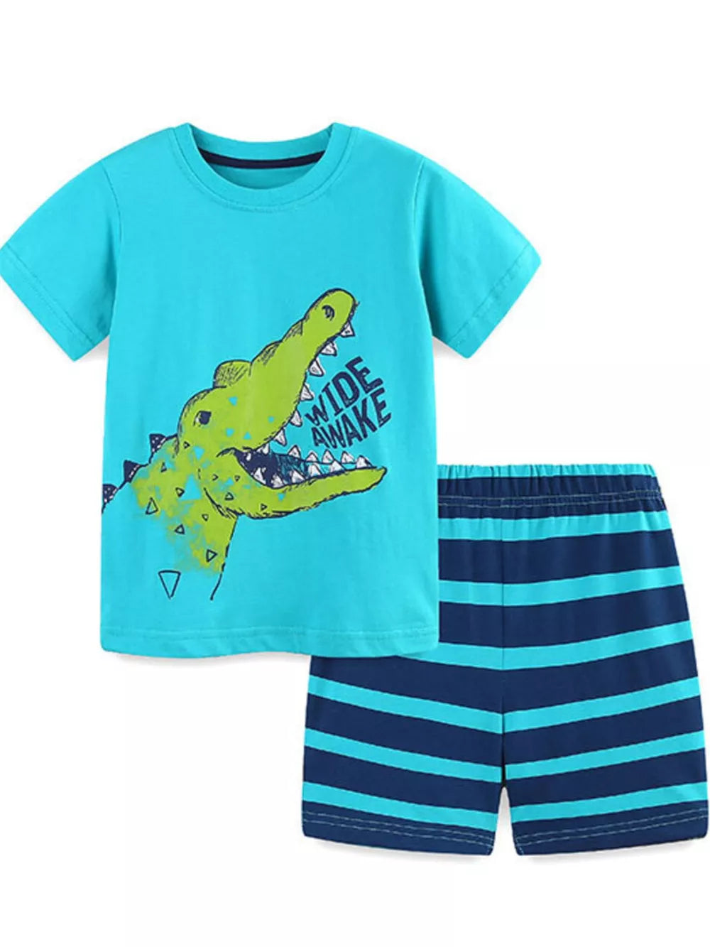 Toddler boys blue cotton t-shirt with crocodile graphic and striped shorts