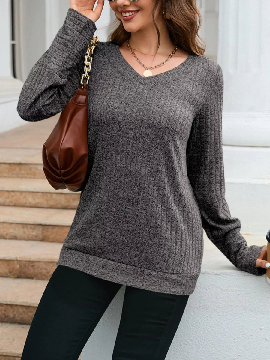 Gray textured V-neck knit long-sleeve top with ribbed detail