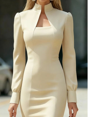 Beige high neck long-sleeve bodycon dress with square neckline detail