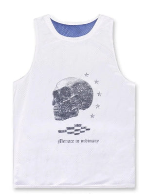 White perforated tank top with a skull graphic and "Menace to ordinary" text.