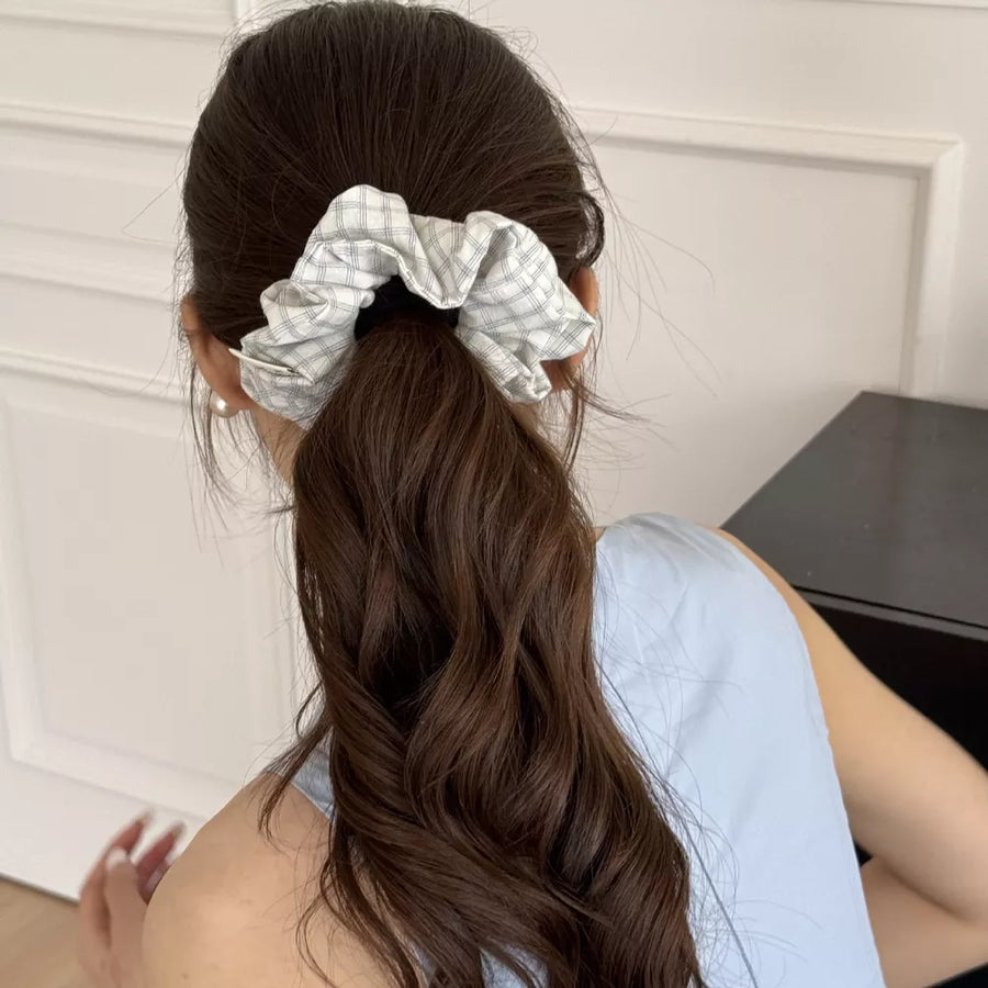 ivory scrunchie with elastic and plaid