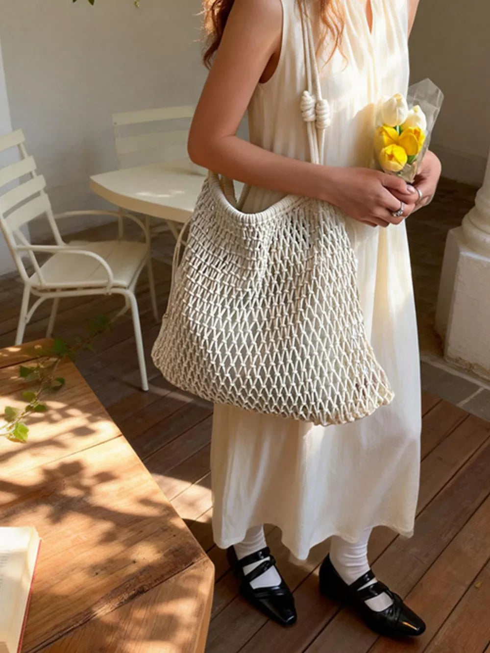 Woven Net Shoulder Bag in White
