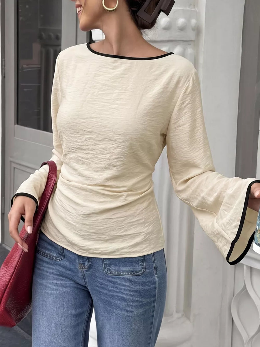 Beige with Contrast Trim Flare Sleeve Blouse in Beige