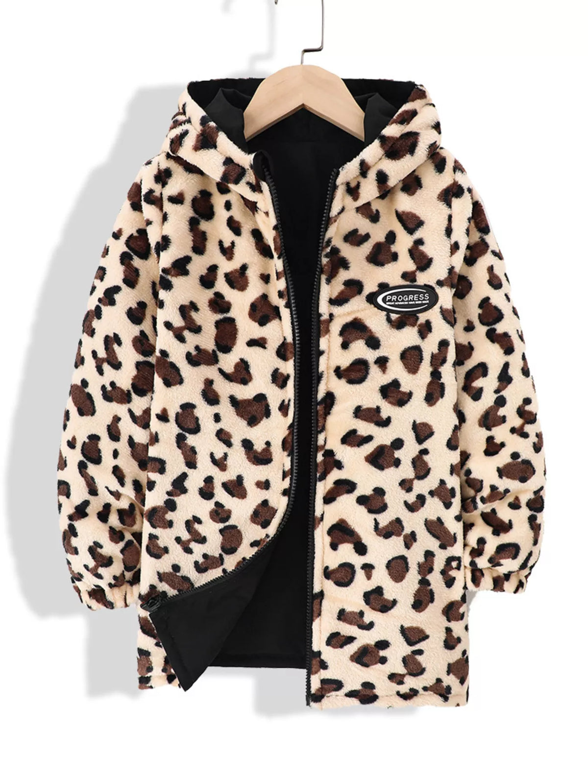 Hooded leopard print jacket with black lining and zip closure.