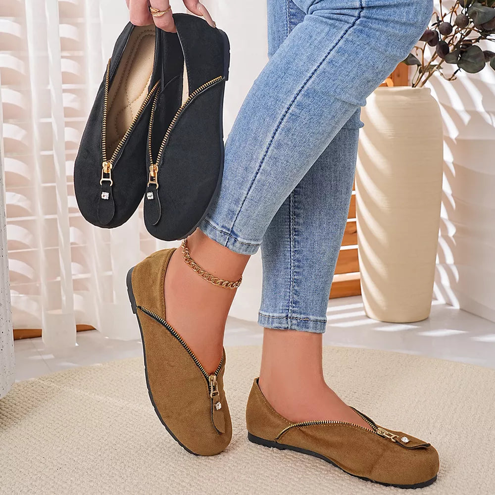 flats in camel featuring zipper detail and flats fit