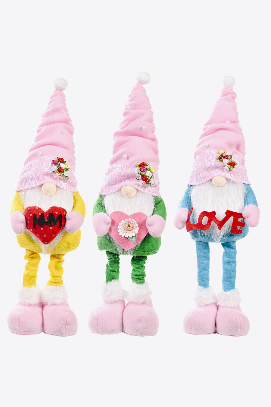 Embroidered gnomes in yellow, green, and sky blue holding heart accents with "MOM" and "LOVE" text.