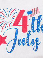 White cotton baby outfit with red and blue 4th of July graphic and American flag.