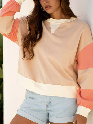 Watermelon pink, Color Block Textured Patchwork Pullover Sweatshirt in Watermelon pink