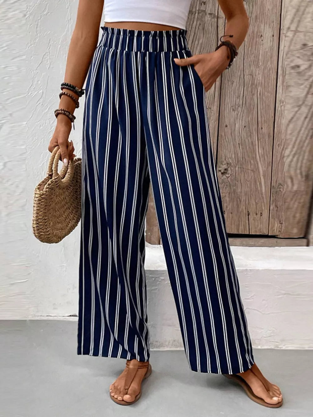Dark Blue Striped Wide-leg Pants With Elastic Waistband