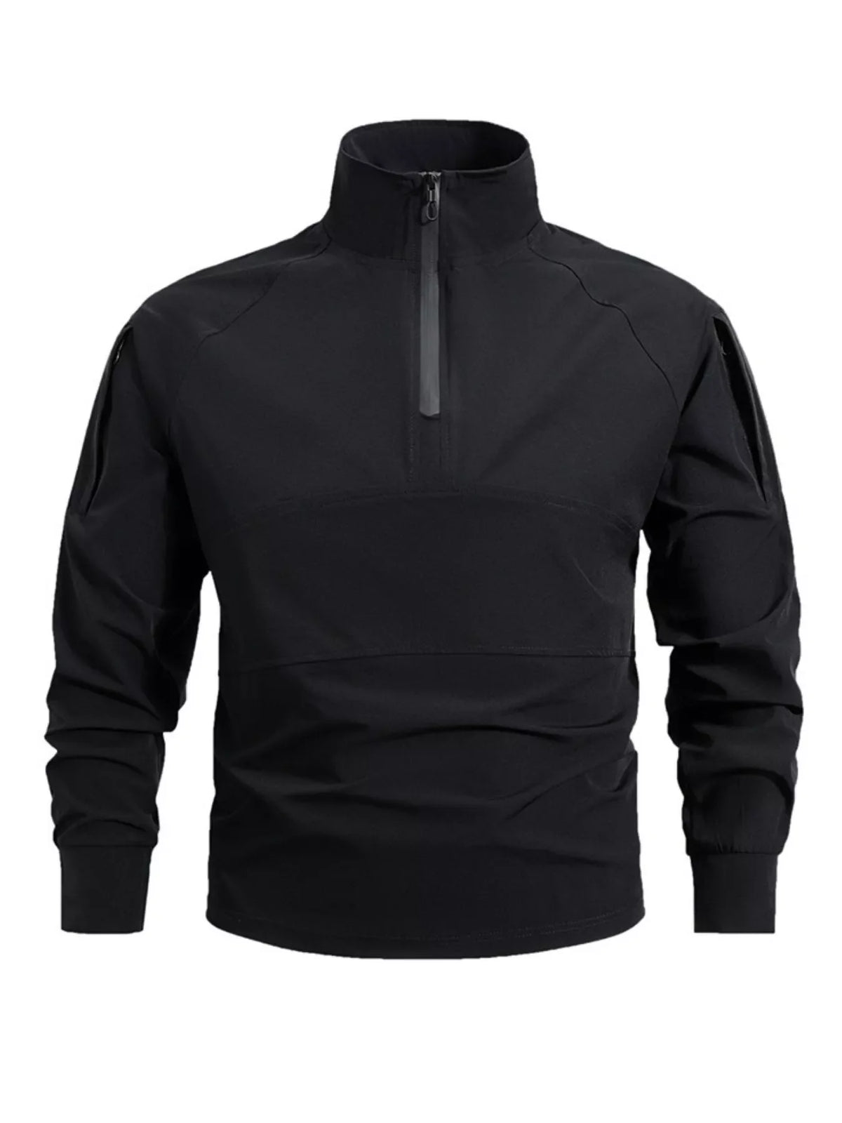 Black quick-dry half-zip sweatshirt with zippered chest pocket and sleeve pockets.