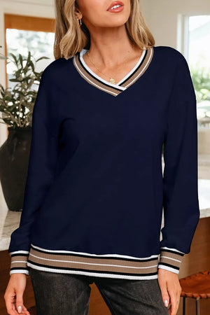 navy blue sweatshirt with striped and v-neck