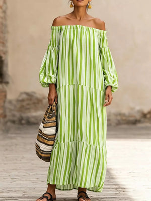 lime green maxi dress with striped and off-shoulder