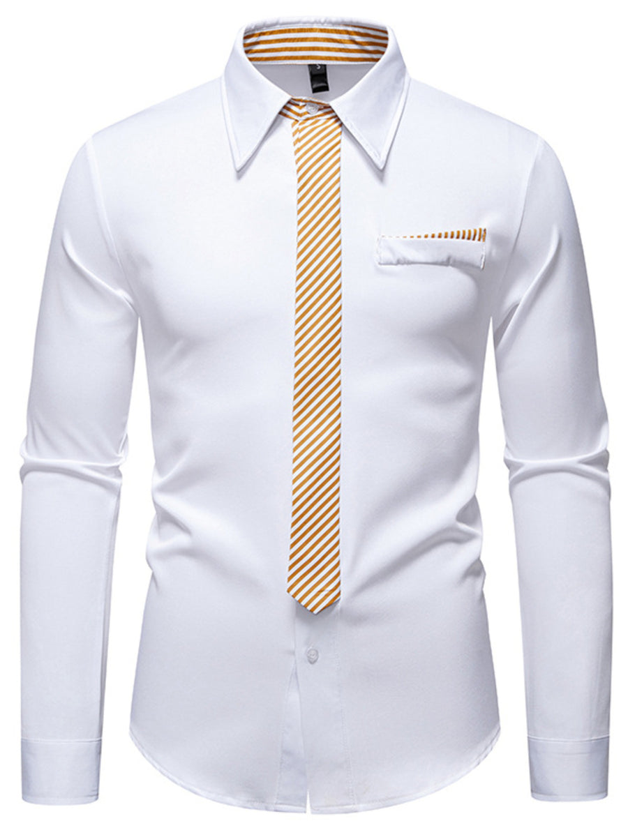 Men's white button-up shirt with gold striped tie detail and pocket