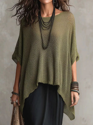 Loose Knit Round Neck Plus Size Top in Green