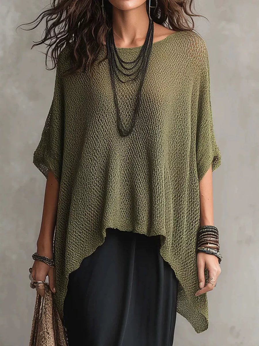Loose Knit Round Neck Plus Size Top in Green