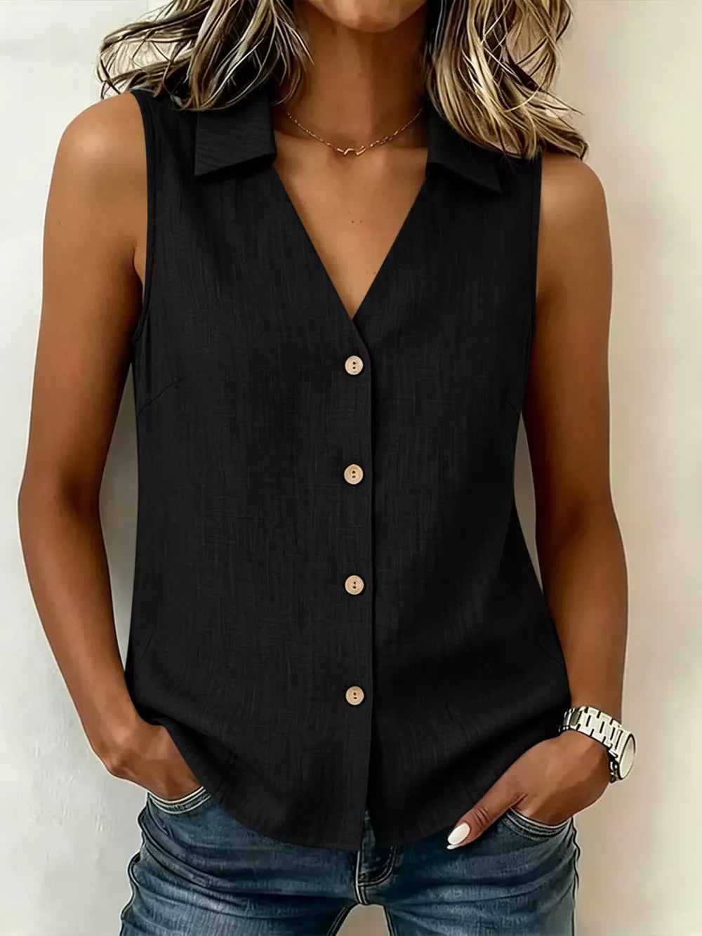 Black Full Size Button-up Sleeveless Collared Top
