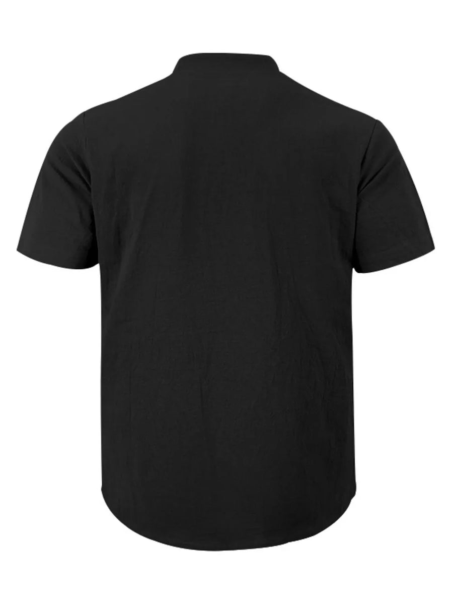 Black relaxed fit linen blend men's short sleeve band collar overshirt