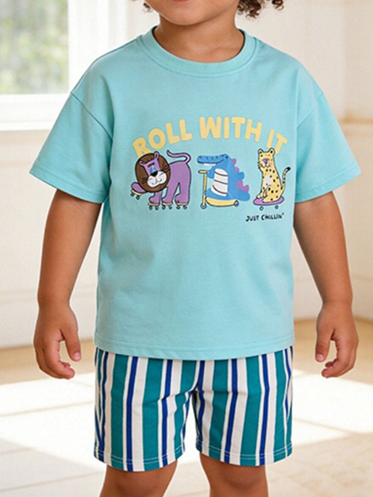 Boys' cotton underwear set with playful animal graphics and striped shorts