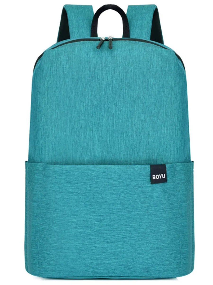 Textured aqua school backpack with minimalist design and front pocket.