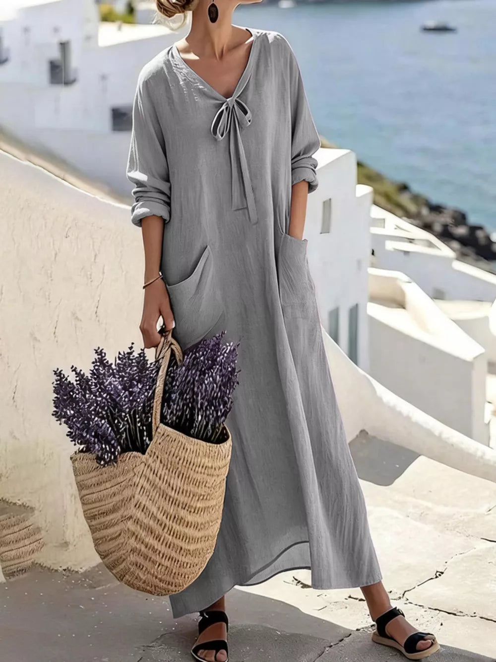 maxi dress in slate gray featuring pocketed and loose fit