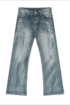 Baggy distressed denim flare jeans in medium wash with a classic five-pocket design.