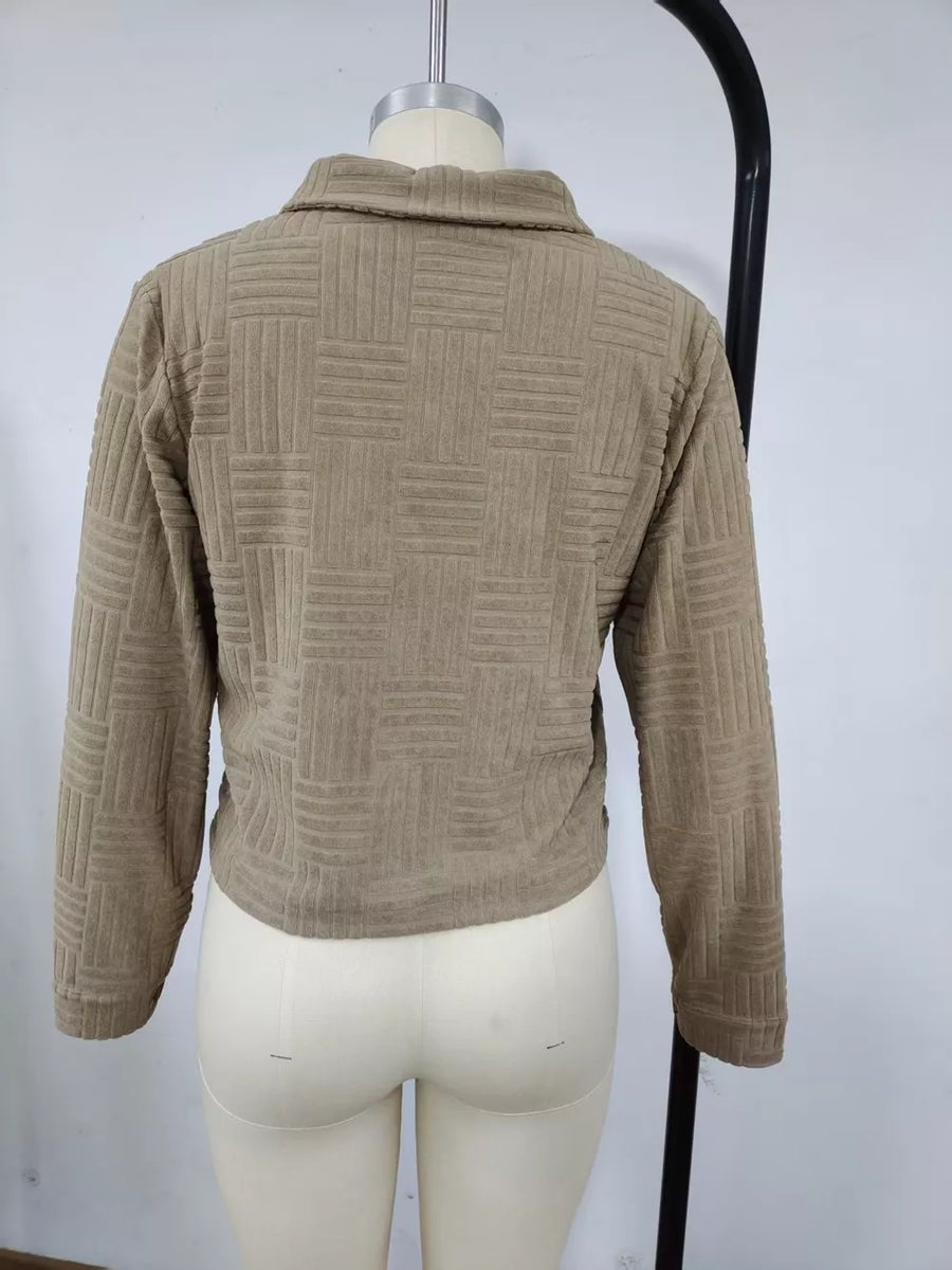 trucker jacket in Mocha with geometric and buttoned