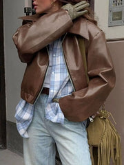brown bomber jacket with hip-length and zip-front