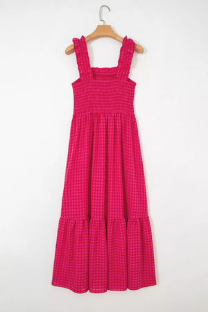 Deep rose plaid cotton sundress with smocked bodice and ruffled straps.
