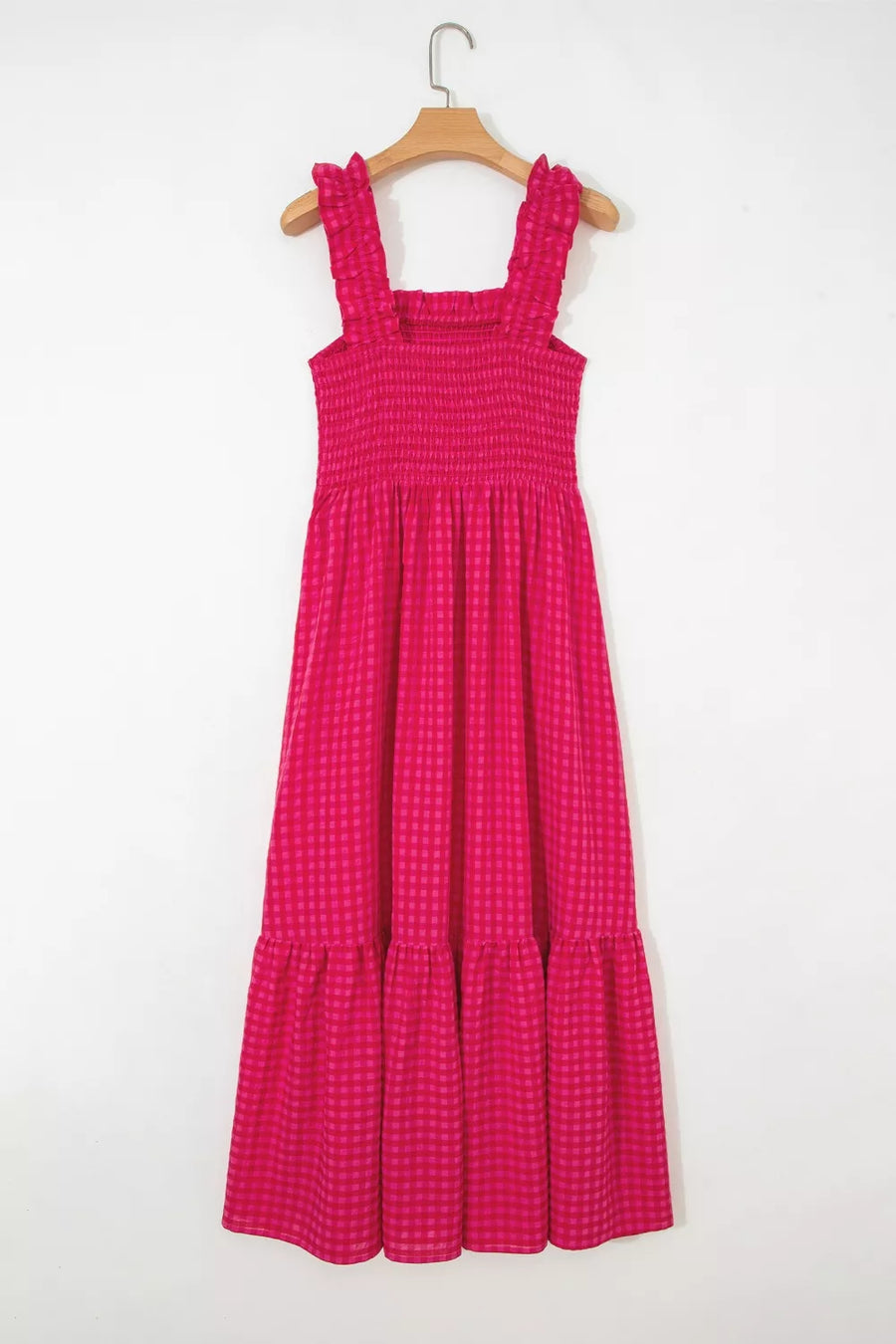 Deep rose plaid cotton sundress with smocked bodice and ruffled straps.