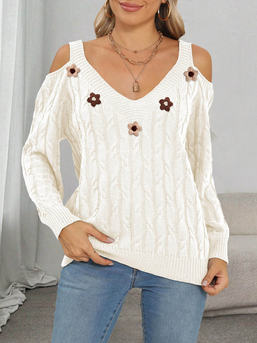 Floral Applique Cold Shoulder Cable Knit Sweater in Black
