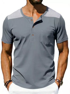 Men's gray short sleeve henley t-shirt with contrast gray shoulder panels and chest pocket.