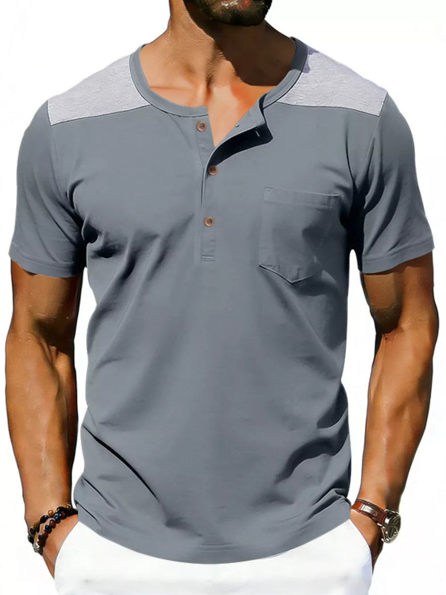 Men's gray short sleeve henley t-shirt with contrast gray shoulder panels and chest pocket.