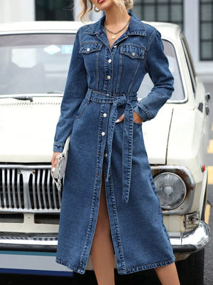 Light Blue Belted Long Sleeve Denim Dress