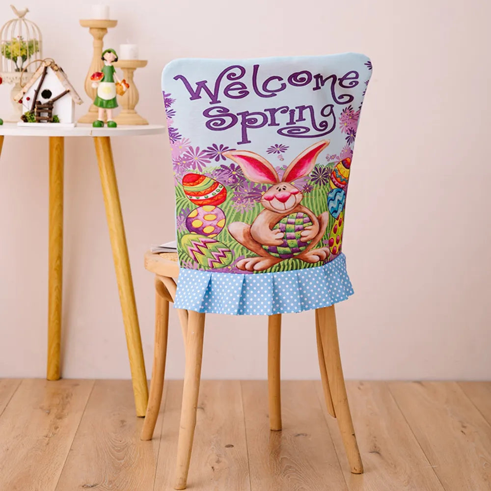 Easter Bunny chair cover with ruffle, blue polka dot trim, "Welcome Spring" text