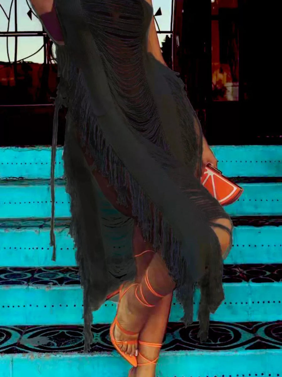 Black distressed fringe midi dress with square neck and avant-garde cut.