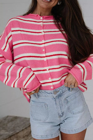 Pink with Striped Button-up Cardigan in Pink