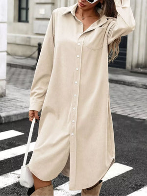 Corduroy Shirt Dress With Button-down Front in Brown