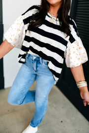 Maternity floral puff sleeve stripe t-shirt in black and white cotton blend.