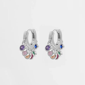 Silver dangle hoop earrings with colorful rainbow zirconia charms