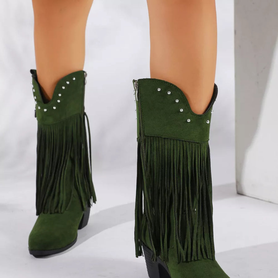 Fringe Round Toe Block Heel Boots in Khaki with fringe