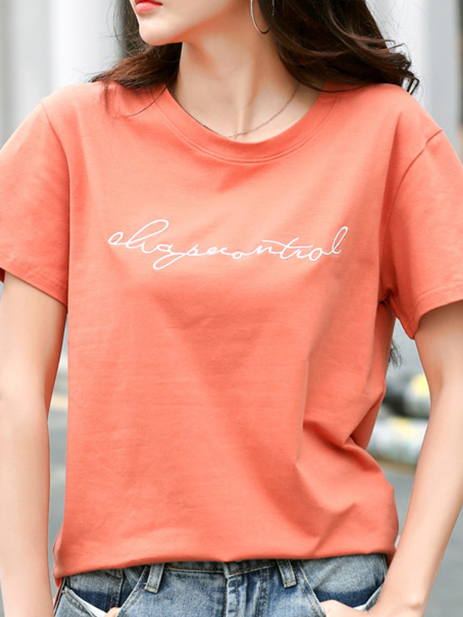 Full Size Letter Embroidered Round Neck T-Shirt Plus Size in Yellow with embroidered